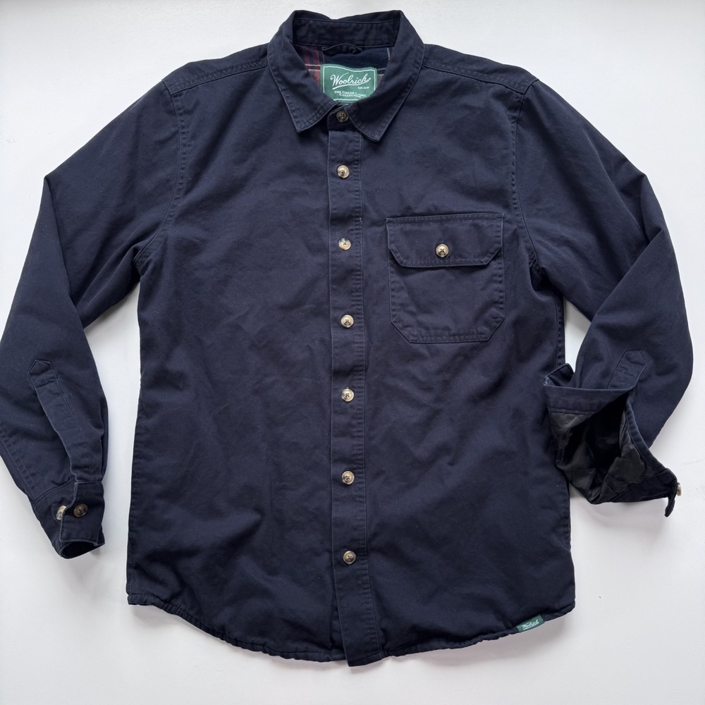 WOOLRICH Canvas Shirt Long Sleeve Button Up Flannel Lined Mens Small Blue